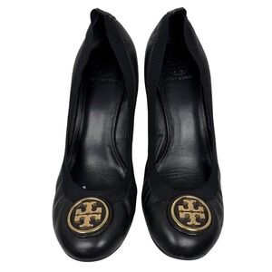 TORY BURCH Black Leather Caroline Wedge Pumps, Size 10